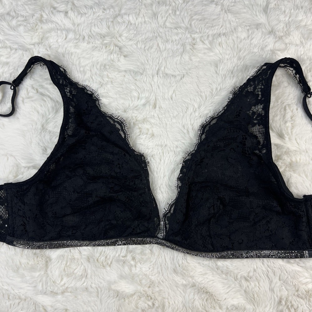 Victoria's Secret Dream Angels Twinkle Lace Triangle Bra Black Silver Trim M NWT
